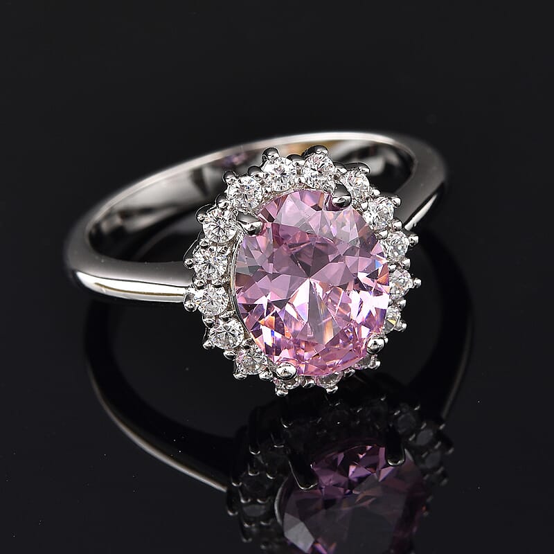 Lustro Stella Finest Pink and White CZ Halo Ring in Sterling Silver (Size 7.0) 4.65 ctw