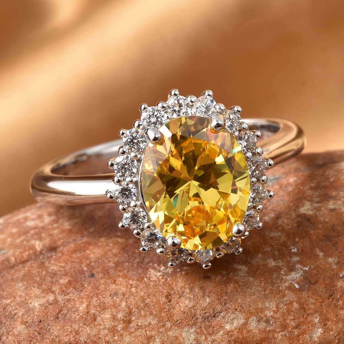 SUMMER DEALS LUSTRO STELLA Finest Yellow and White CZ Halo Ring in Sterling Silver (Size 10.0) 4.65 ctw image number 1