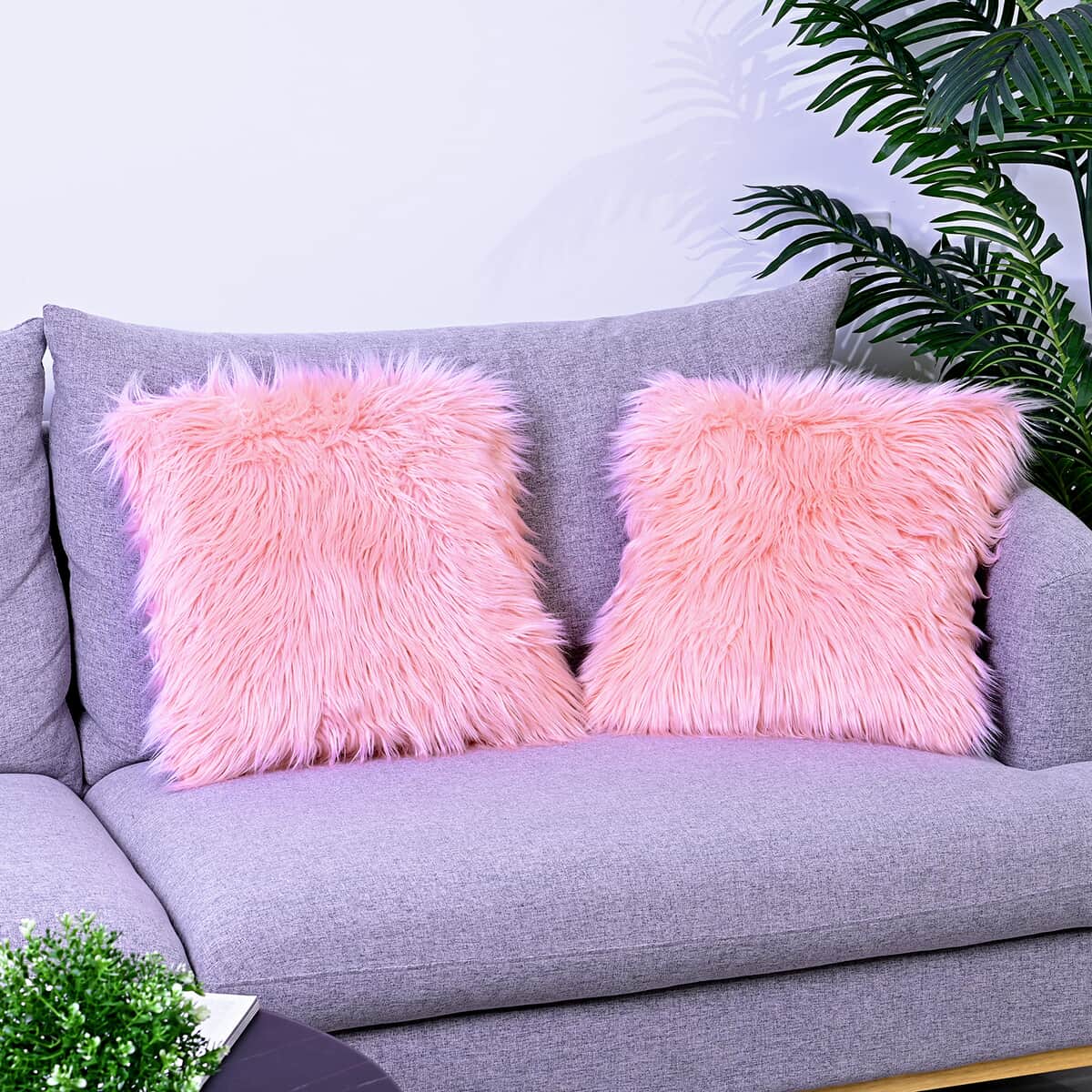 Set of 2 Pink Faux Fur Cushion Cover image number 1