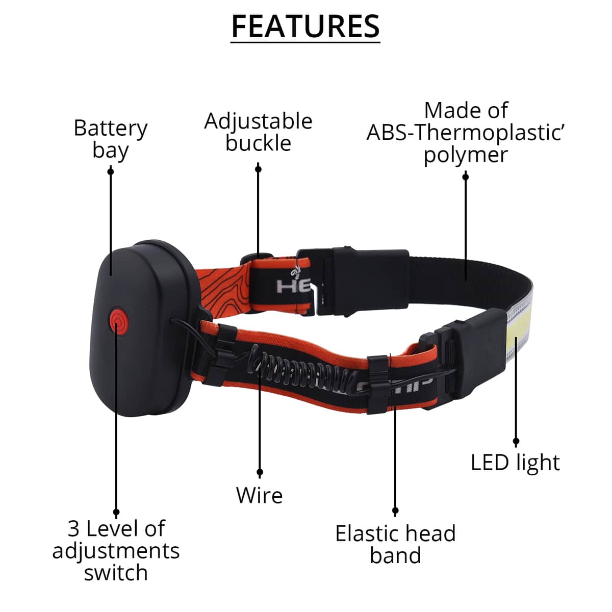 Black and Orange Ultra-Thin Led Headlight with 3 Levels of Adjustment 3 AAA Battery (not included) image number 2