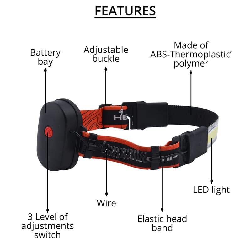 Black and Orange Ultra-Thin Led Headlight with 3 Levels of Adjustment 3 AAA Battery (not included)
