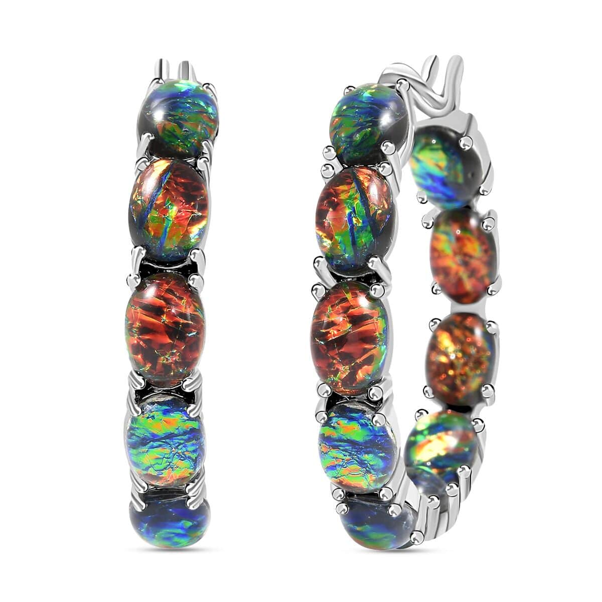 Green Magic Simulated Opal Inside Out Hoop Earrings in Stainless Steel image number 0
