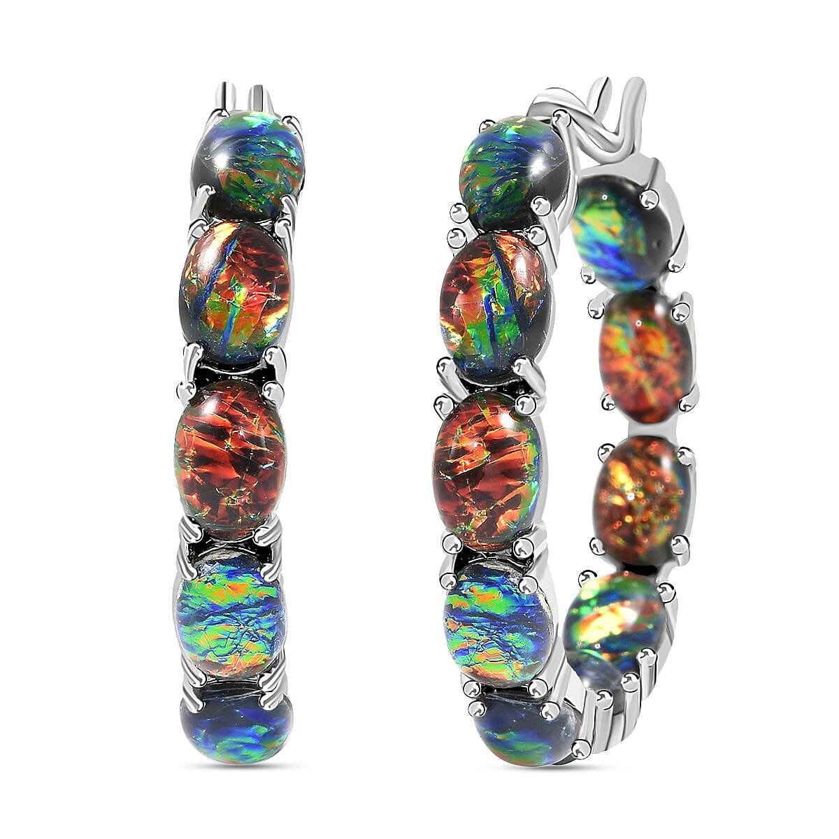 Green Magic Simulated Opal Inside Out Hoop Earrings in Stainless Steel image number 0