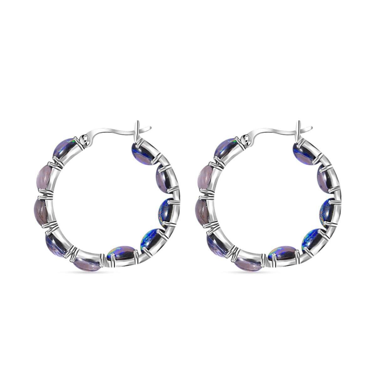 Green Magic Simulated Opal Inside Out Hoop Earrings in Stainless Steel image number 3
