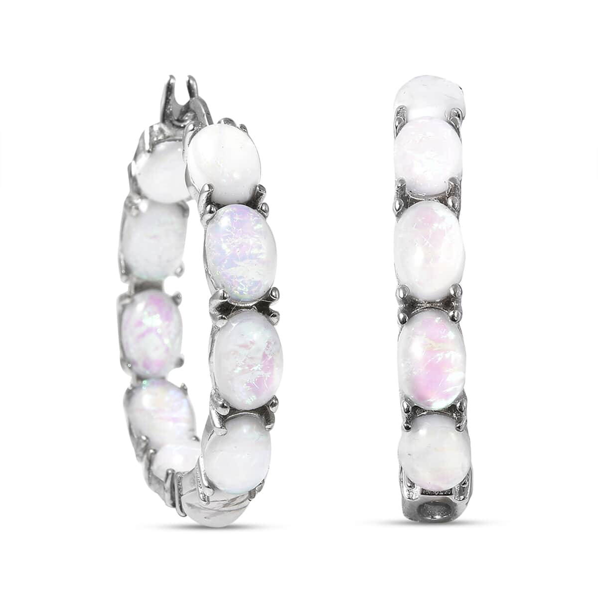 White Magic Simulated Opal Inside Out Hoop Earrings in Stainless Steel image number 0