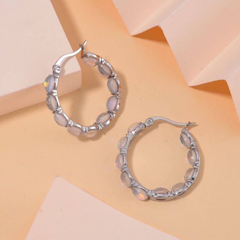 White Magic Simulated Opal Inside Out Hoop Earrings in Stainless Steel