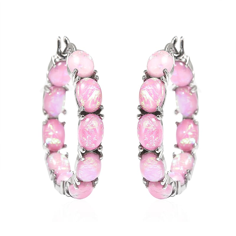 Pink Magic Simulated Opal Inside Out Hoop Earrings in Stainless Steel