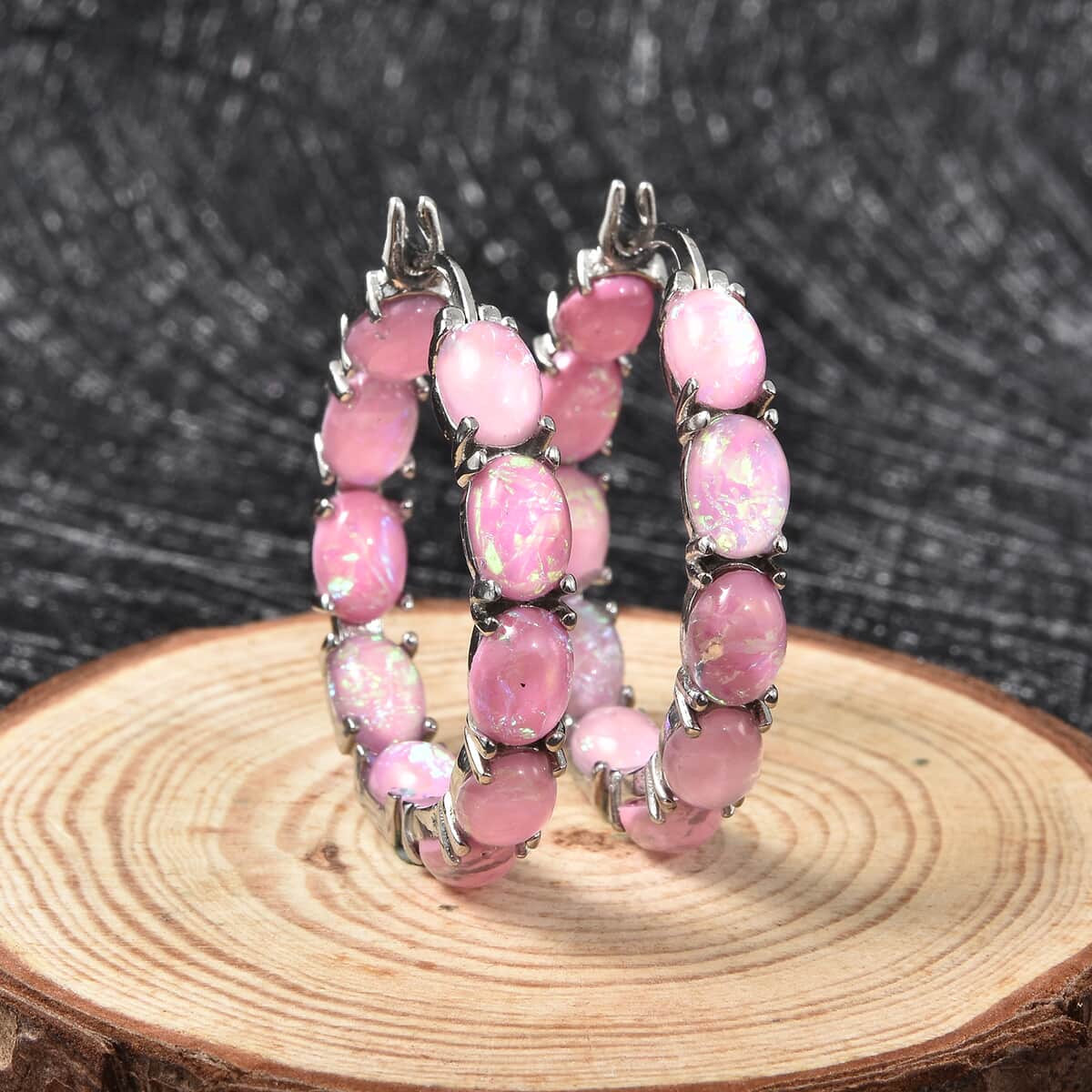 Pink Magic Simulated Opal Earrings in Stainless Steel, Opal Inside Out Hoops, Birthday Gifts For Women image number 1