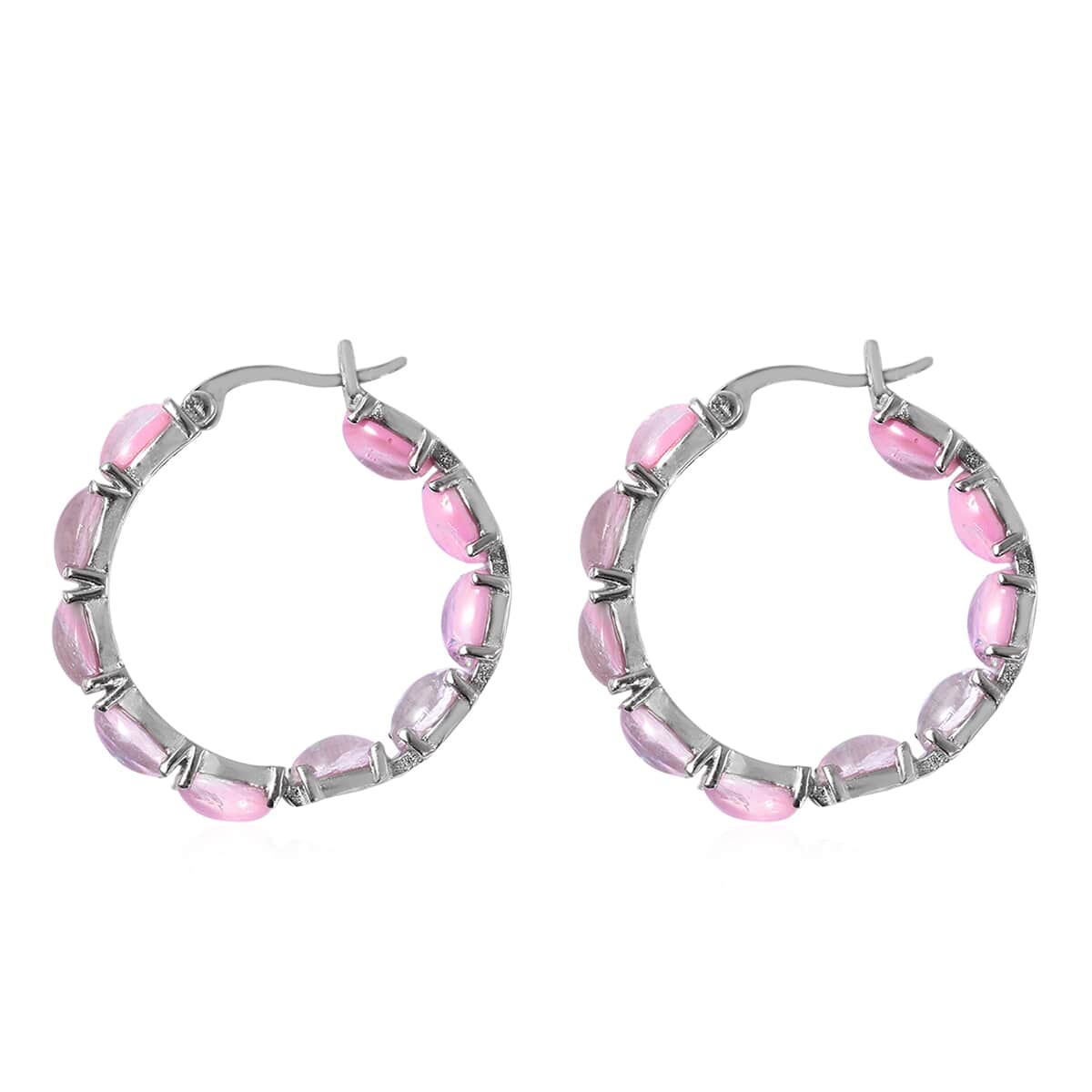 Pink Magic Simulated Opal Earrings in Stainless Steel, Opal Inside Out Hoops, Birthday Gifts For Women image number 3