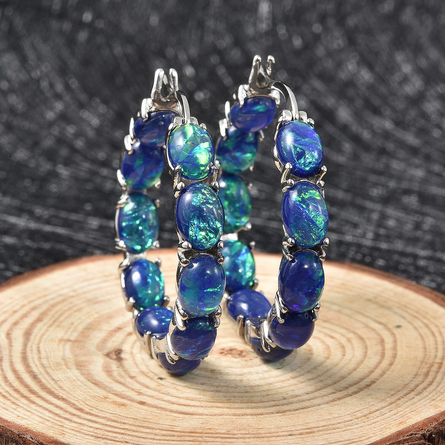 Blue Magic Simulated Opal Inside Out Hoop Earrings in Stainless Steel