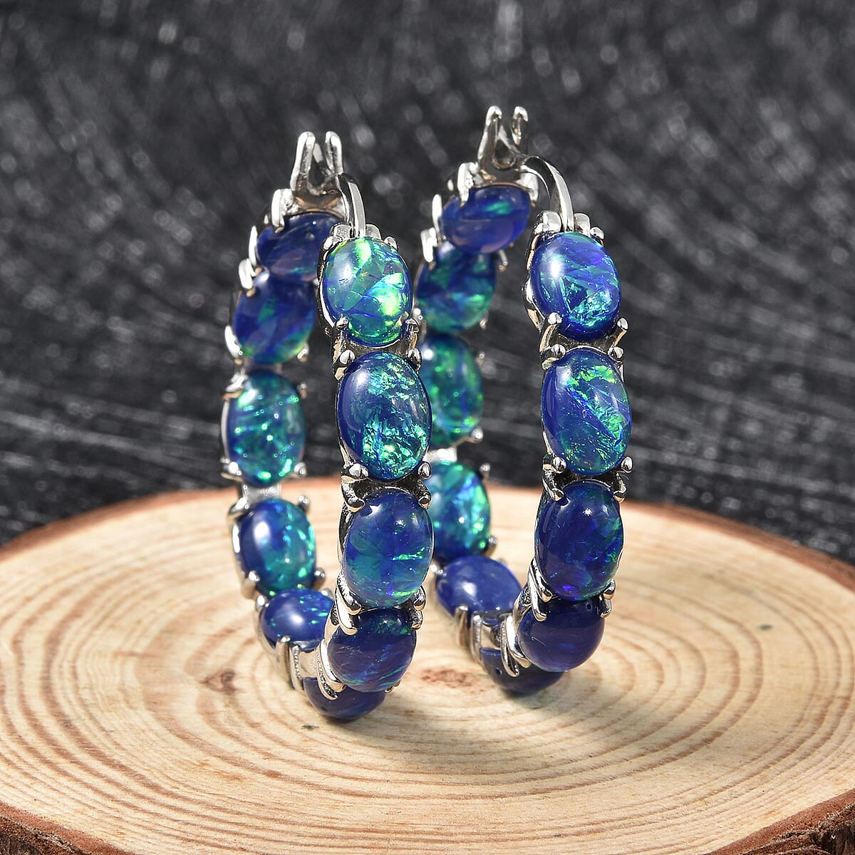 Blue Magic Simulated Opal Inside Out Hoop Earrings in Stainless Steel image number 1