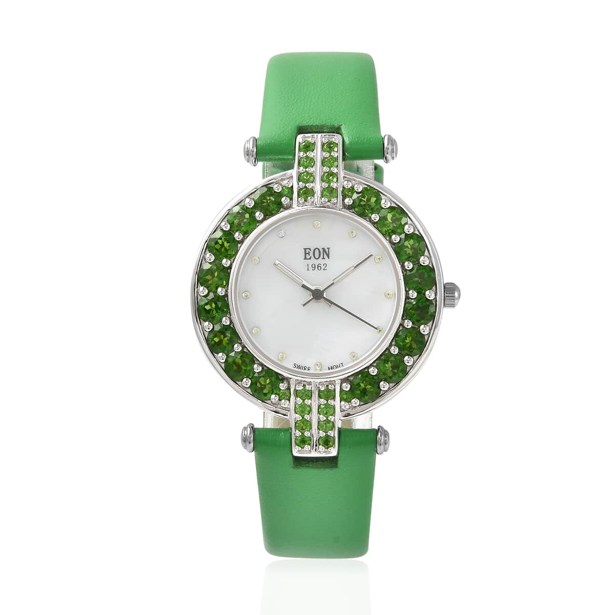 Eon 1962 Chrome Diopside, White Zircon Swiss Movement MOP Dial Watch with Sterling Silver Case and Green Leather Strap 5.90ctw image number 0