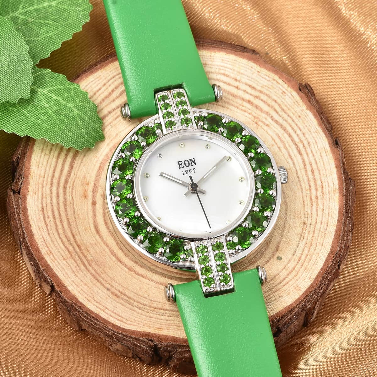 Eon 1962 Chrome Diopside, White Zircon Swiss Movement MOP Dial Watch with Sterling Silver Case and Green Leather Strap 5.90ctw image number 1