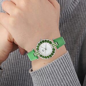 Eon 1962 Chrome Diopside, White Zircon Swiss Movement MOP Dial Watch with Sterling Silver Case and Green Leather Strap 5.90ctw