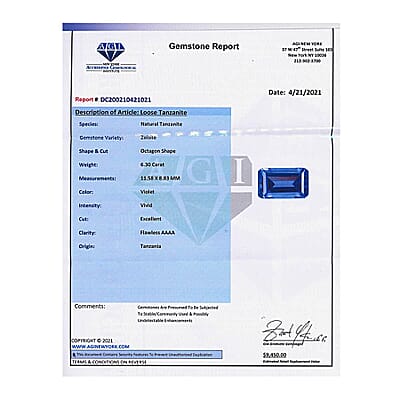 Certified and Appraised Flawless AAAA Tanzanite (Oct Free Size) 6.00 ctw