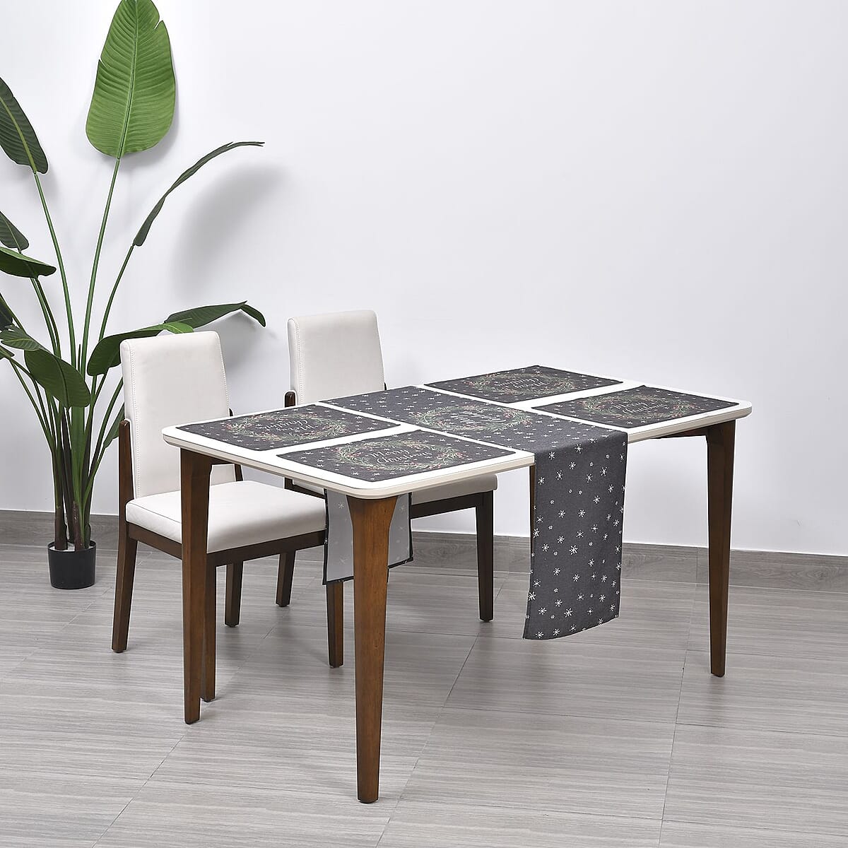 Homesmart Set of 4 Placemats and Table Runner For 4 Seater Dinning Table, 4 Washable Wrinkle Resistant Placemats  and Table Runner - Snowflakes & Wreath Decor Pattern image number 1