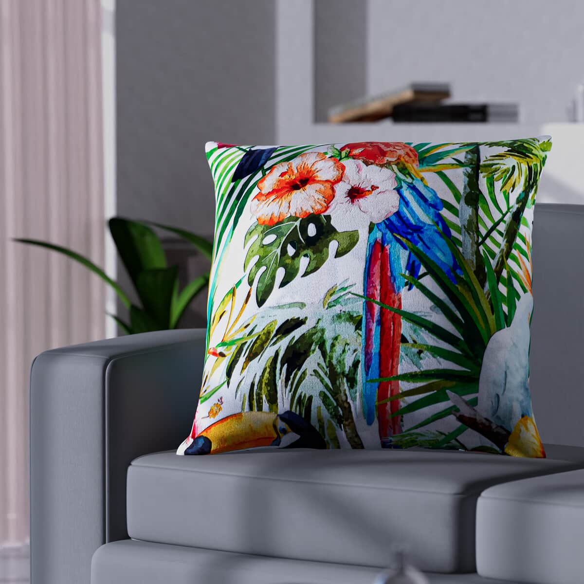 Set of 2 Parrot, Flower and Tropical Leaves Pattern Cushion Cover (Polyester) image number 0