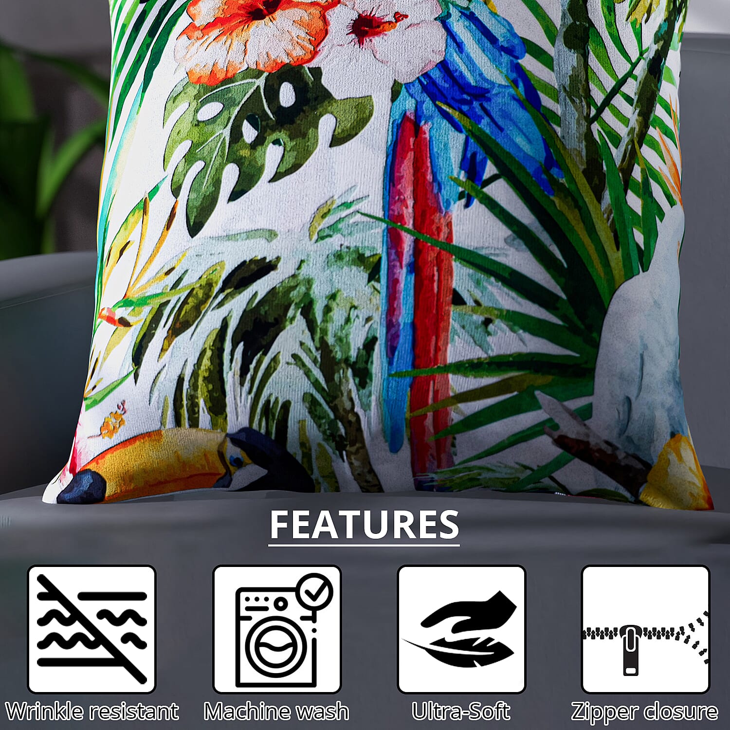 Set of 2 Parrot, Flower and Tropical Leaves Pattern Cushion Cover (Polyester)