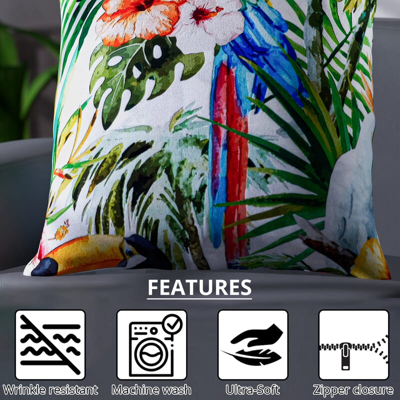Set of 2 Parrot, Flower and Tropical Leaves Pattern Cushion Cover (Polyester)