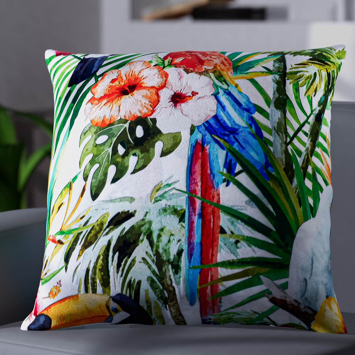 Set of 2 Parrot, Flower and Tropical Leaves Pattern Cushion Cover (Polyester) image number 4