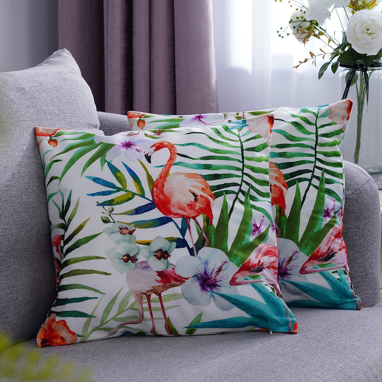 Set of 2 Flamingo, Flower and Tropical Leaves Pattern Cushion Cover (Polyester)