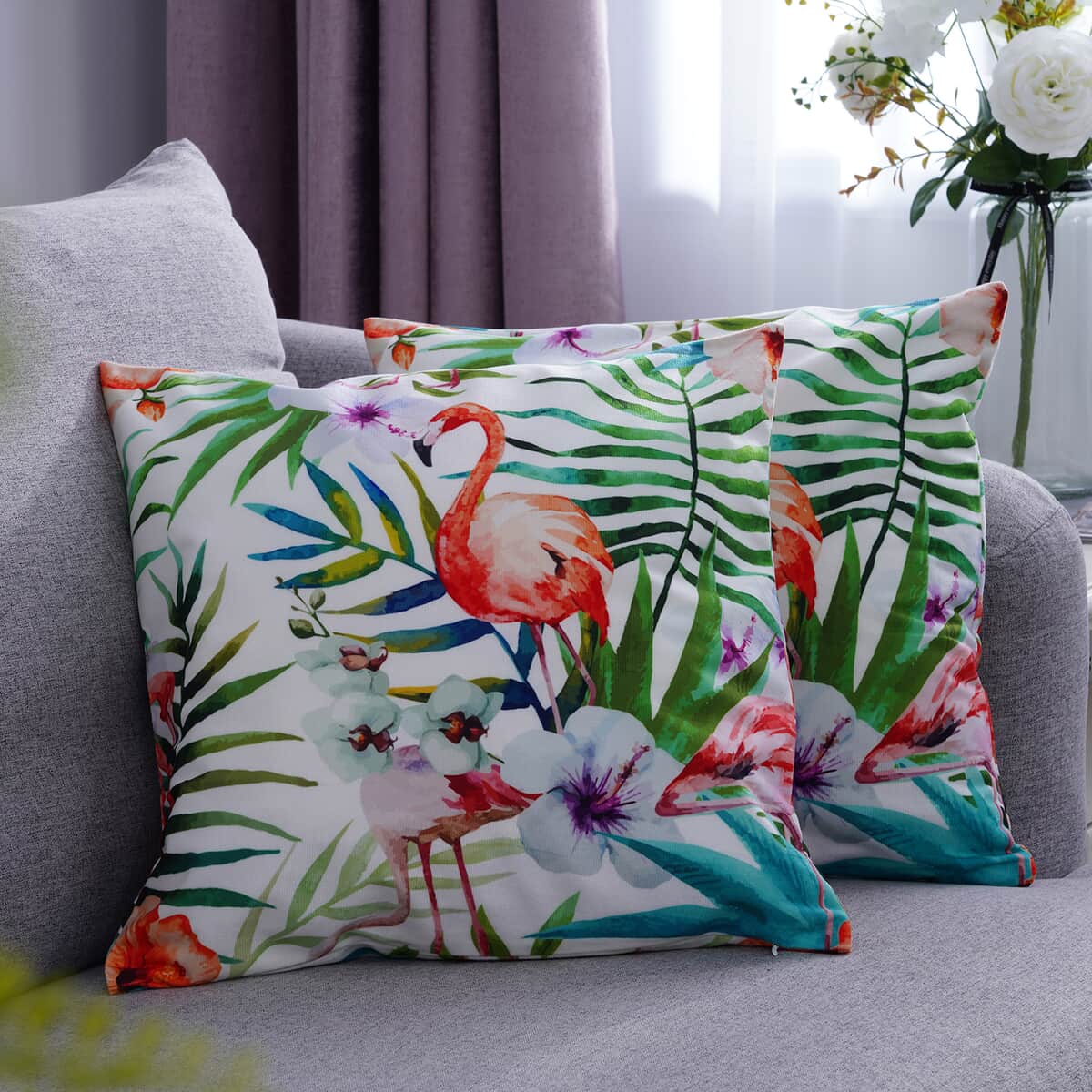 Set of 2 Flamingo, Flower and Tropical Leaves Pattern Cushion Cover (Polyester) image number 0