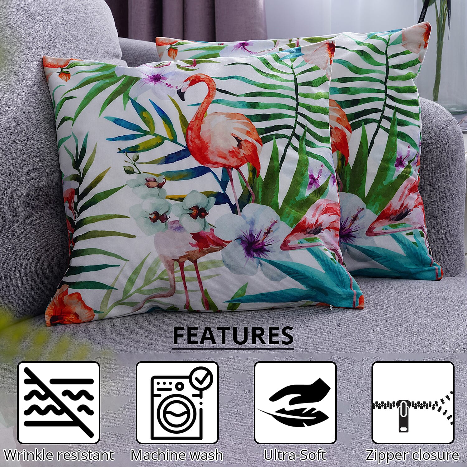 Set of 2 Flamingo, Flower and Tropical Leaves Pattern Cushion Cover (Polyester)