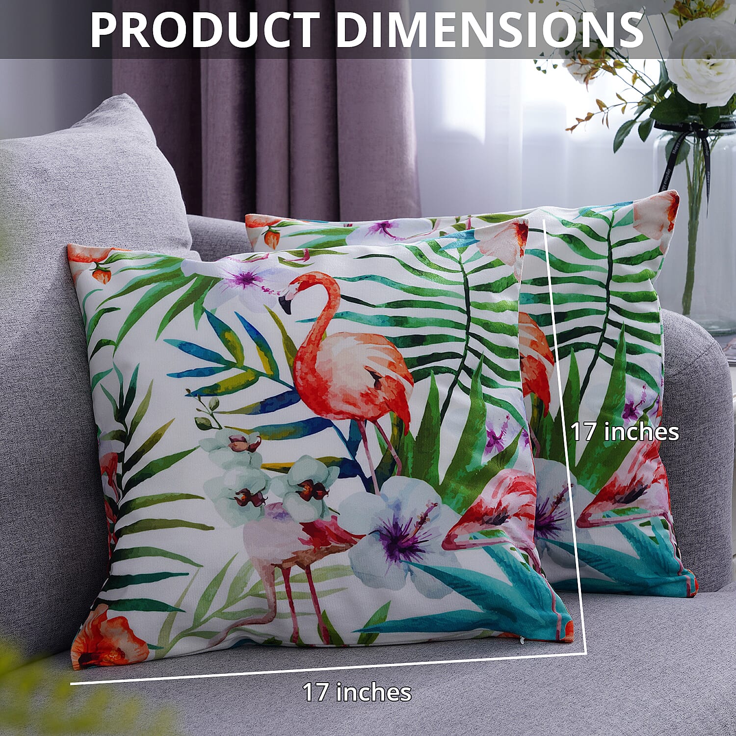 Set of 2 Flamingo, Flower and Tropical Leaves Pattern Cushion Cover (Polyester)