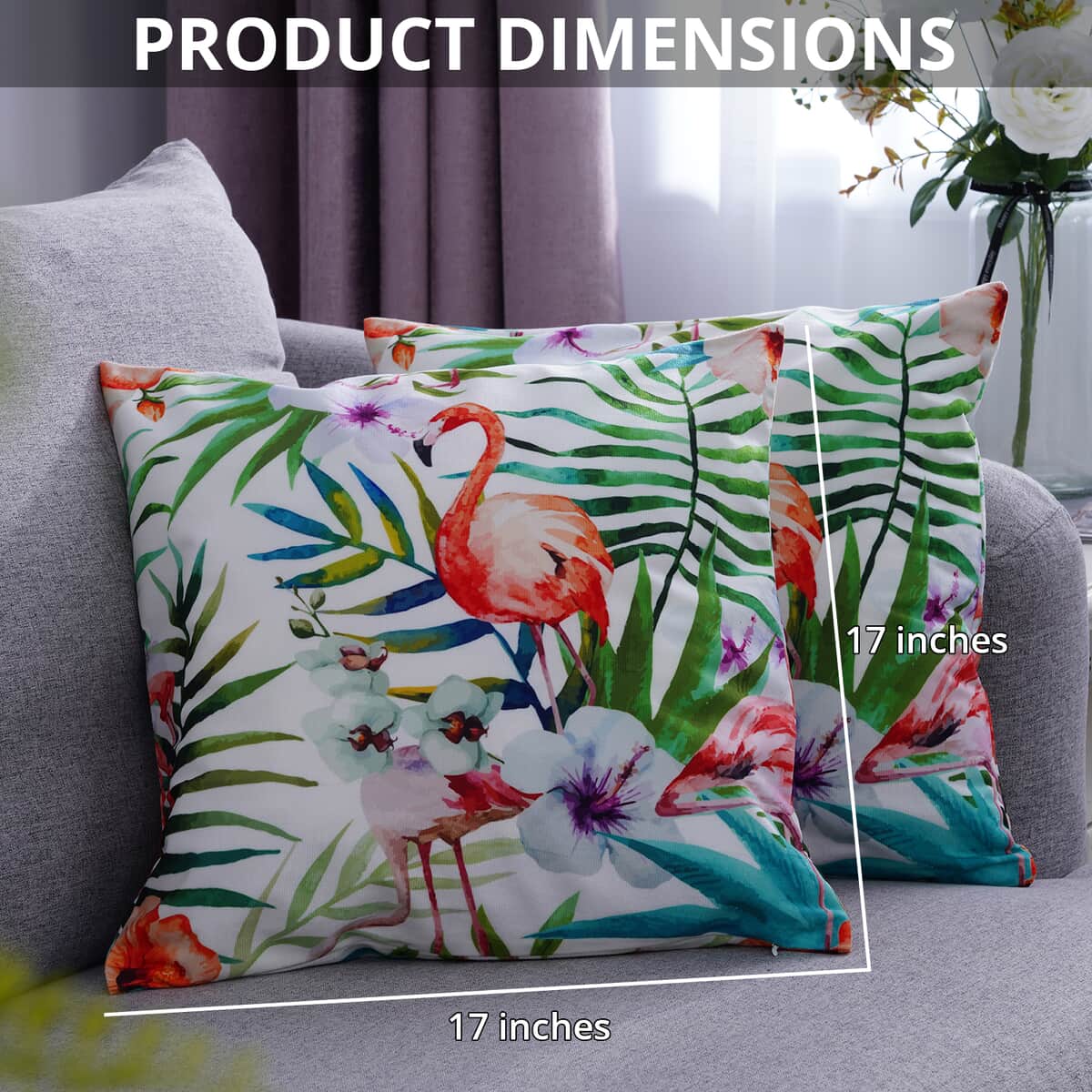 Set of 2 Flamingo, Flower and Tropical Leaves Pattern Cushion Cover (Polyester) image number 2