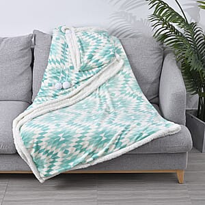 Homesmart Green Geometrical Print Polyester & Sherpa Hoodie Blanket with Pom Pom