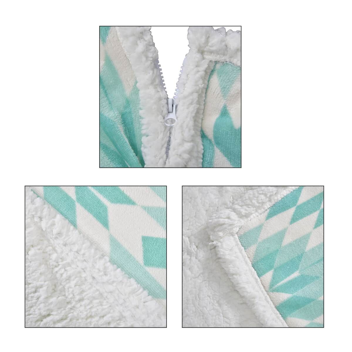 HOMESMART Green Geometrical Print Polyester & Sherpa Hoodie Blanket with Pom Pom (59"x78") image number 5