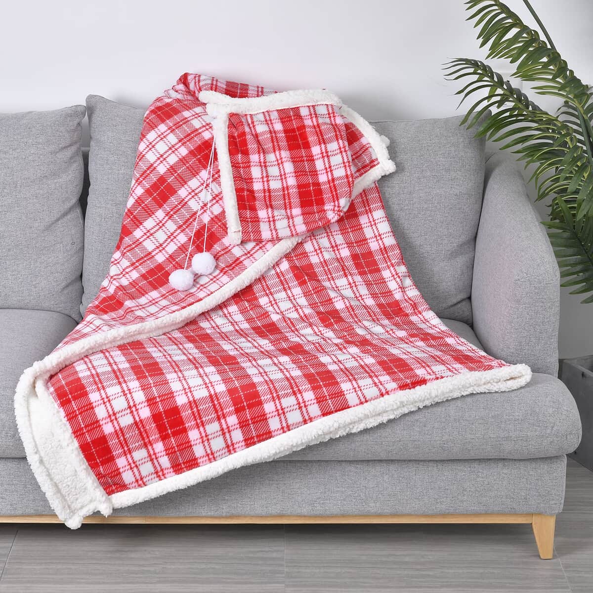 Homesmart Red Check Print Polyester & Sherpa Hoodie Blanket with Pom Pom image number 0
