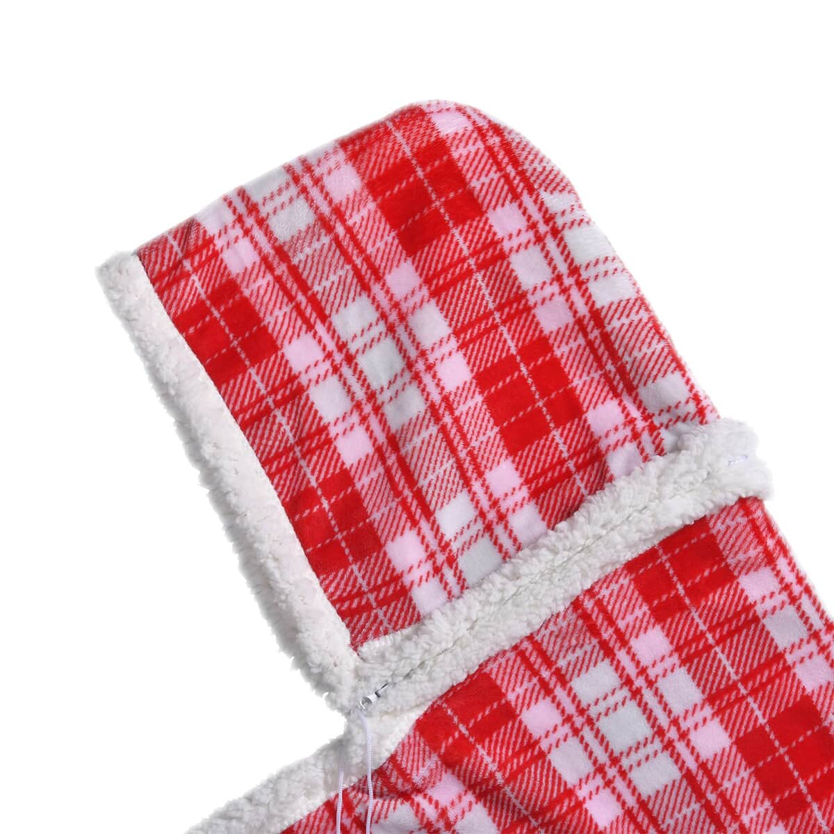 Homesmart Red Check Print Polyester & Sherpa Hoodie Blanket with Pom Pom image number 4
