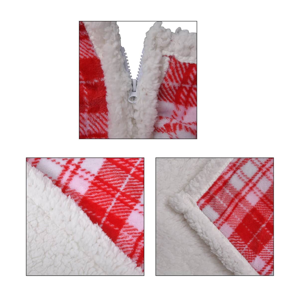 Homesmart Red Check Print Polyester & Sherpa Hoodie Blanket with Pom Pom image number 5