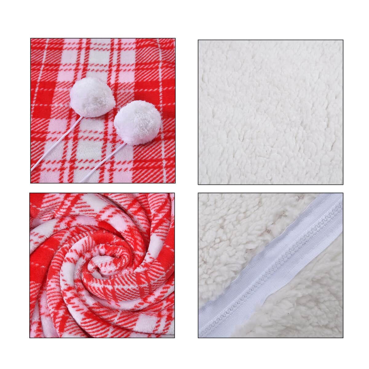 Homesmart Red Check Print Polyester & Sherpa Hoodie Blanket with Pom Pom image number 6