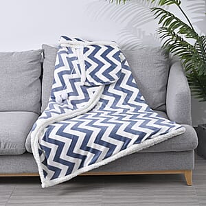 Homesmart Gray Zig-Zag Print Polyester & Sherpa Hoodie Blanket with Pom Pom