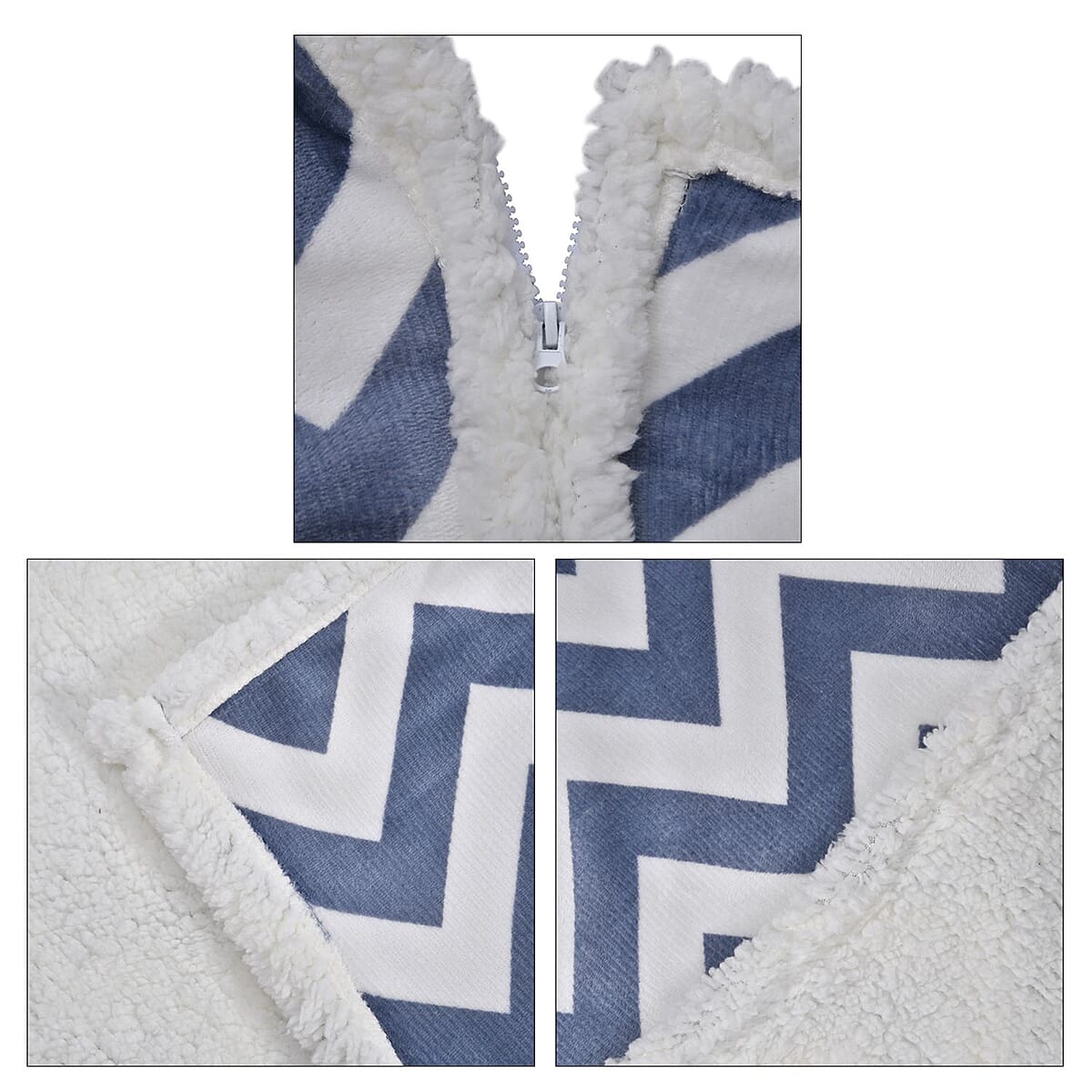 Homesmart Gray Zig-Zag Print Polyester & Sherpa Hoodie Blanket with Pom Pom image number 5