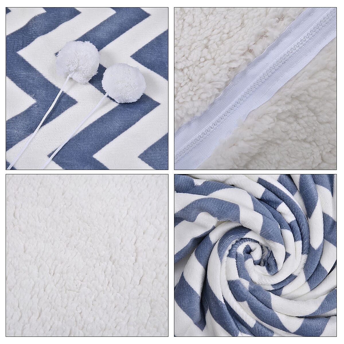 Homesmart Gray Zig-Zag Print Polyester & Sherpa Hoodie Blanket with Pom Pom image number 6