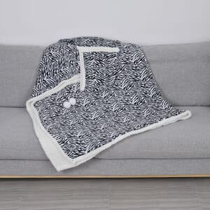 Homesmart Black and White Zebra Print Polyester & Sherpa Hoodie Blanket with Pom Pom