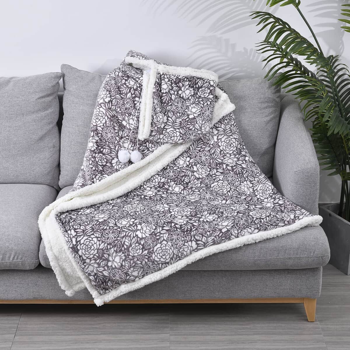 Homesmart Gray Floral Print Pattern Polyester & Sherpa Hoodie Blanket with Pom Pom image number 0