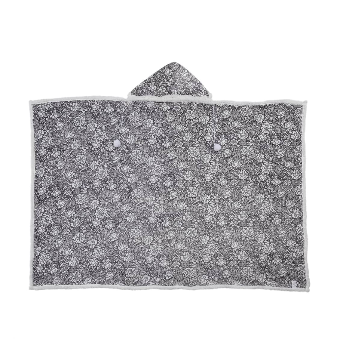 Homesmart Gray Floral Print Pattern Polyester & Sherpa Hoodie Blanket with Pom Pom image number 1