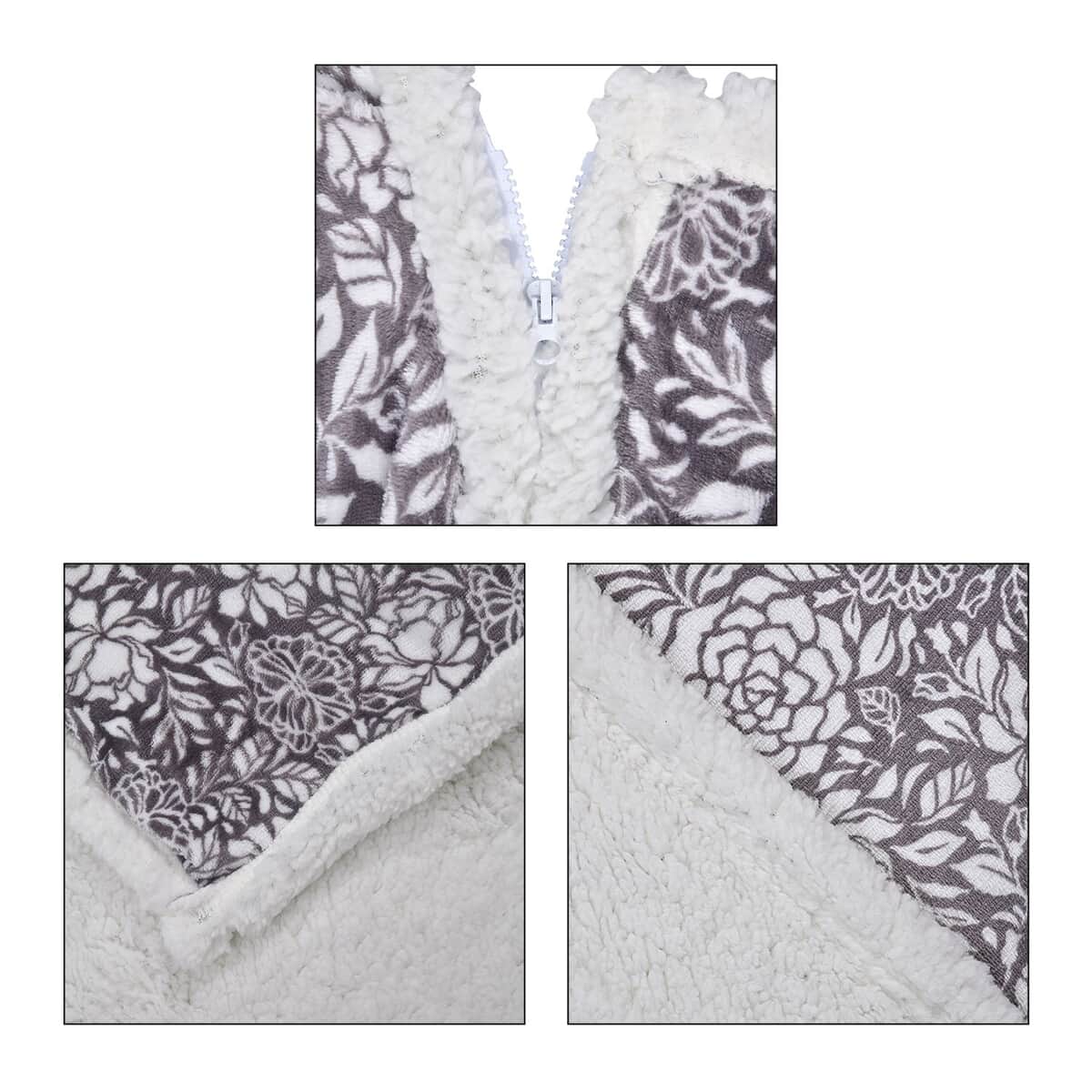 Homesmart Gray Floral Print Pattern Polyester & Sherpa Hoodie Blanket with Pom Pom image number 5