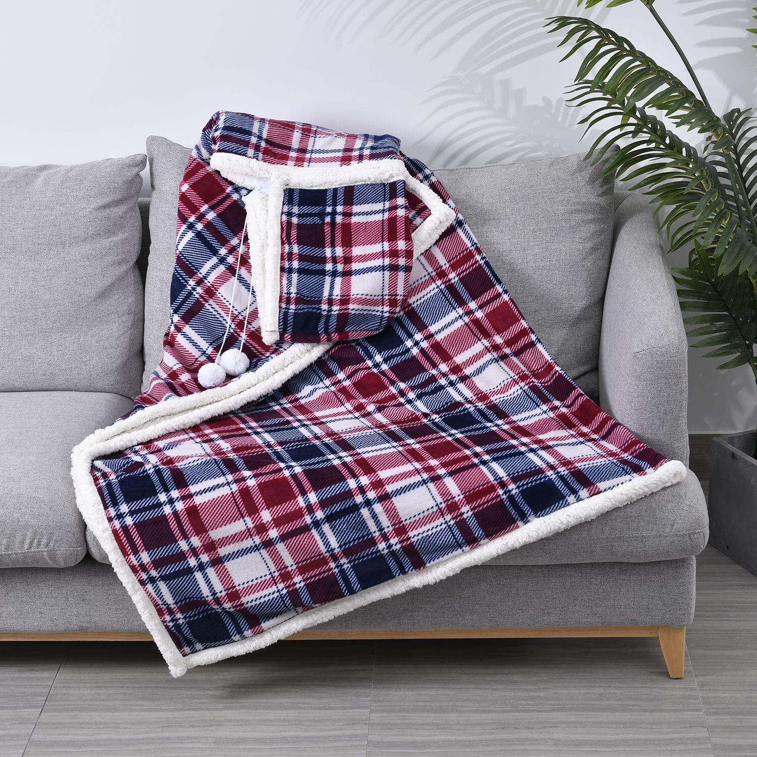 HOMESMART Red White Check Print Polyester Sherpa Hoodie Blanket with Pom Pom