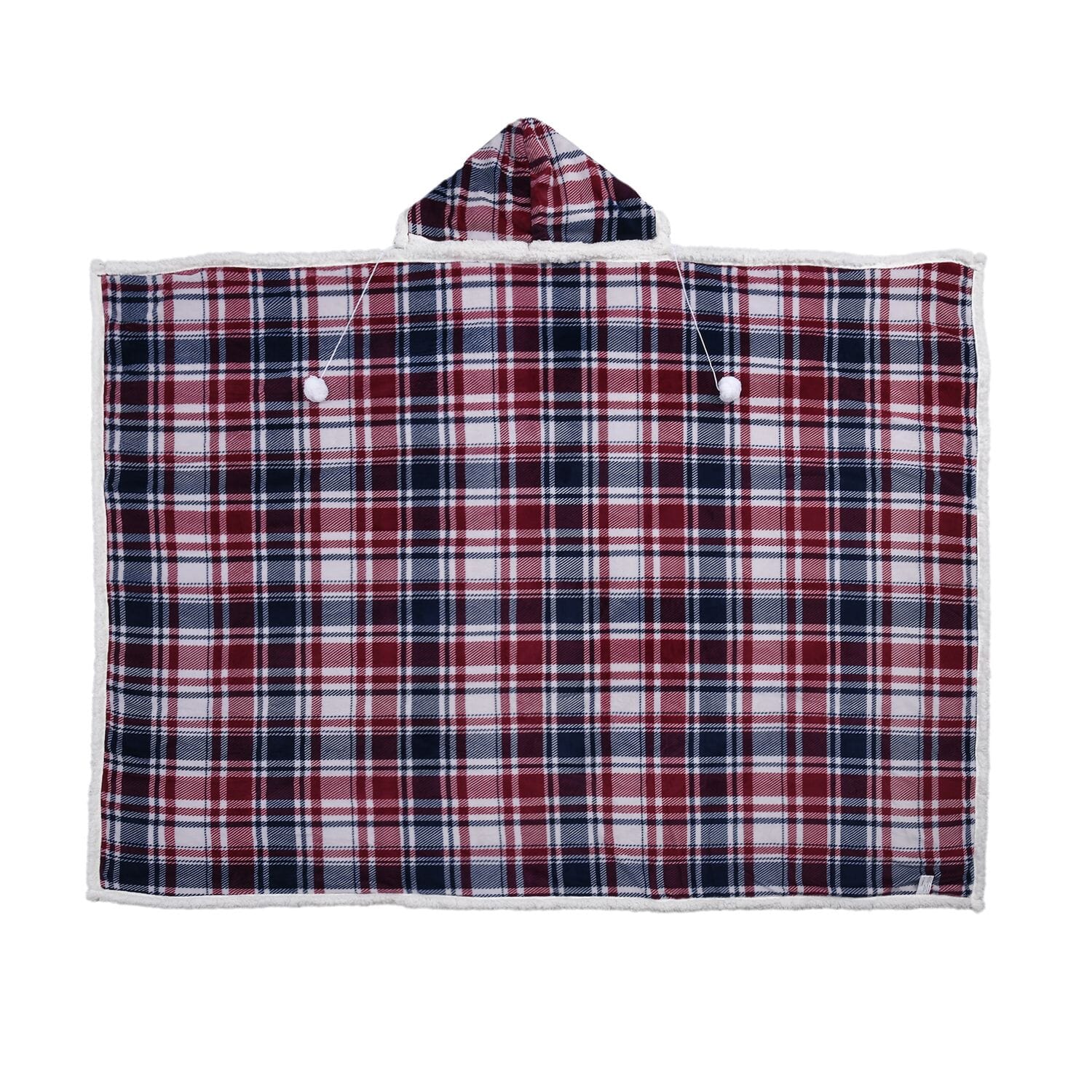HOMESMART Red White Check Print Polyester Sherpa Hoodie Blanket with Pom Pom - Picture 2 of 8