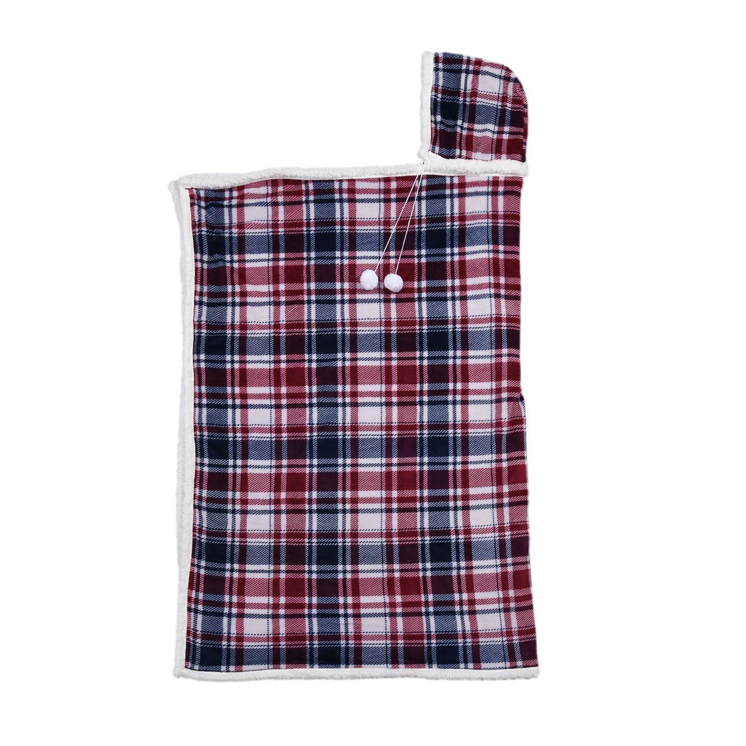 HOMESMART Red White Check Print Polyester Sherpa Hoodie Blanket with Pom Pom - Picture 4 of 8