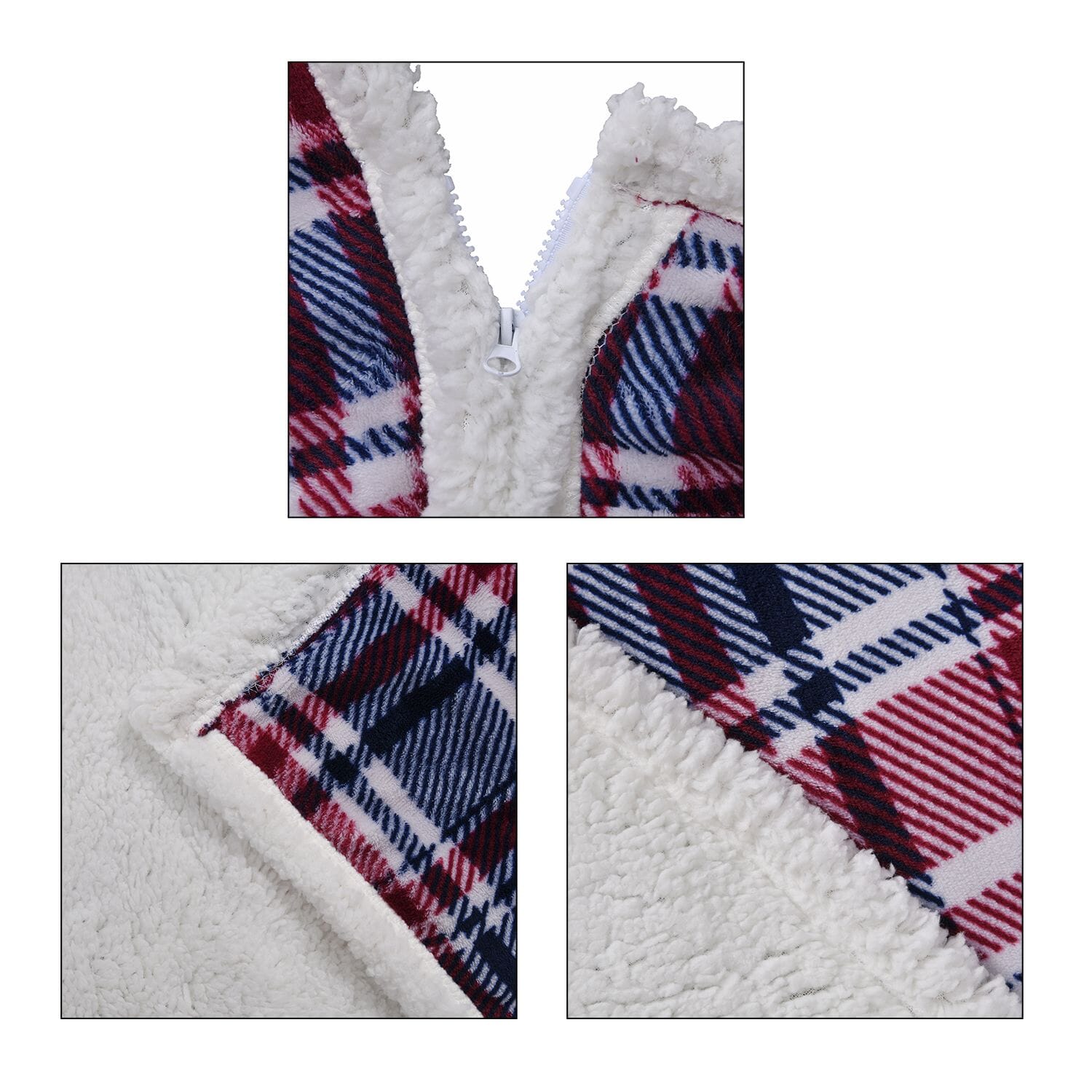 HOMESMART Red White Check Print Polyester Sherpa Hoodie Blanket with Pom Pom - Picture 6 of 8