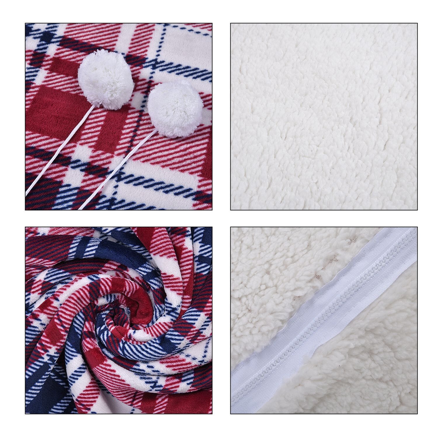 HOMESMART Red White Check Print Polyester Sherpa Hoodie Blanket with Pom Pom - Picture 7 of 8