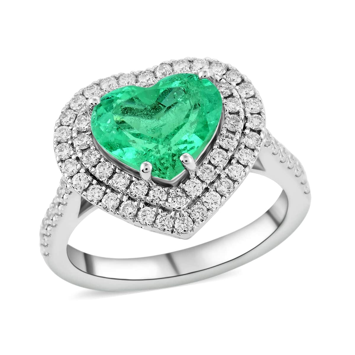 RHAPSODY 950 Platinum AAAA Boyaca Colombian Emerald and E-F VS Diamond Double Halo Heart Ring (Size 7.0) 7.68 Grams 3.25 ctw image number 0