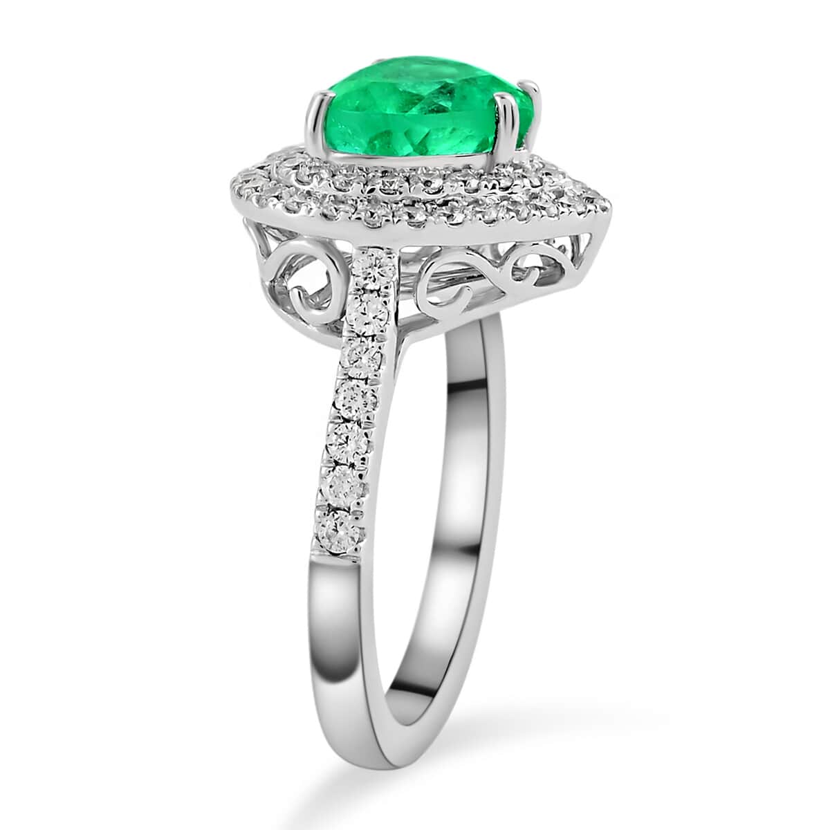 RHAPSODY 950 Platinum AAAA Boyaca Colombian Emerald and E-F VS Diamond Double Halo Heart Ring (Size 7.0) 7.68 Grams 3.25 ctw image number 1