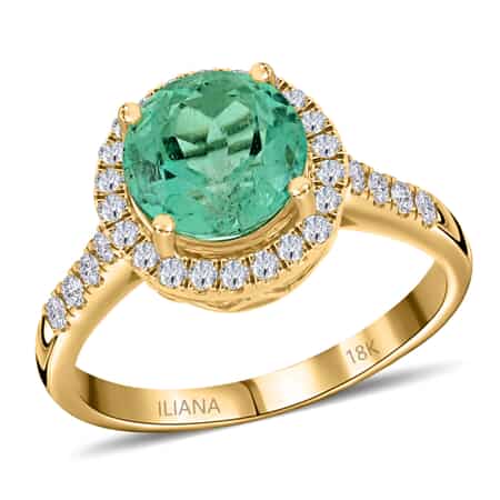 Iliana 18K Yellow Gold AAA Boyaca Colombian Emerald and G-H SI Diamond Halo Ring (Size 7.0) 4.15 Grams 2.50 ctw image number 0
